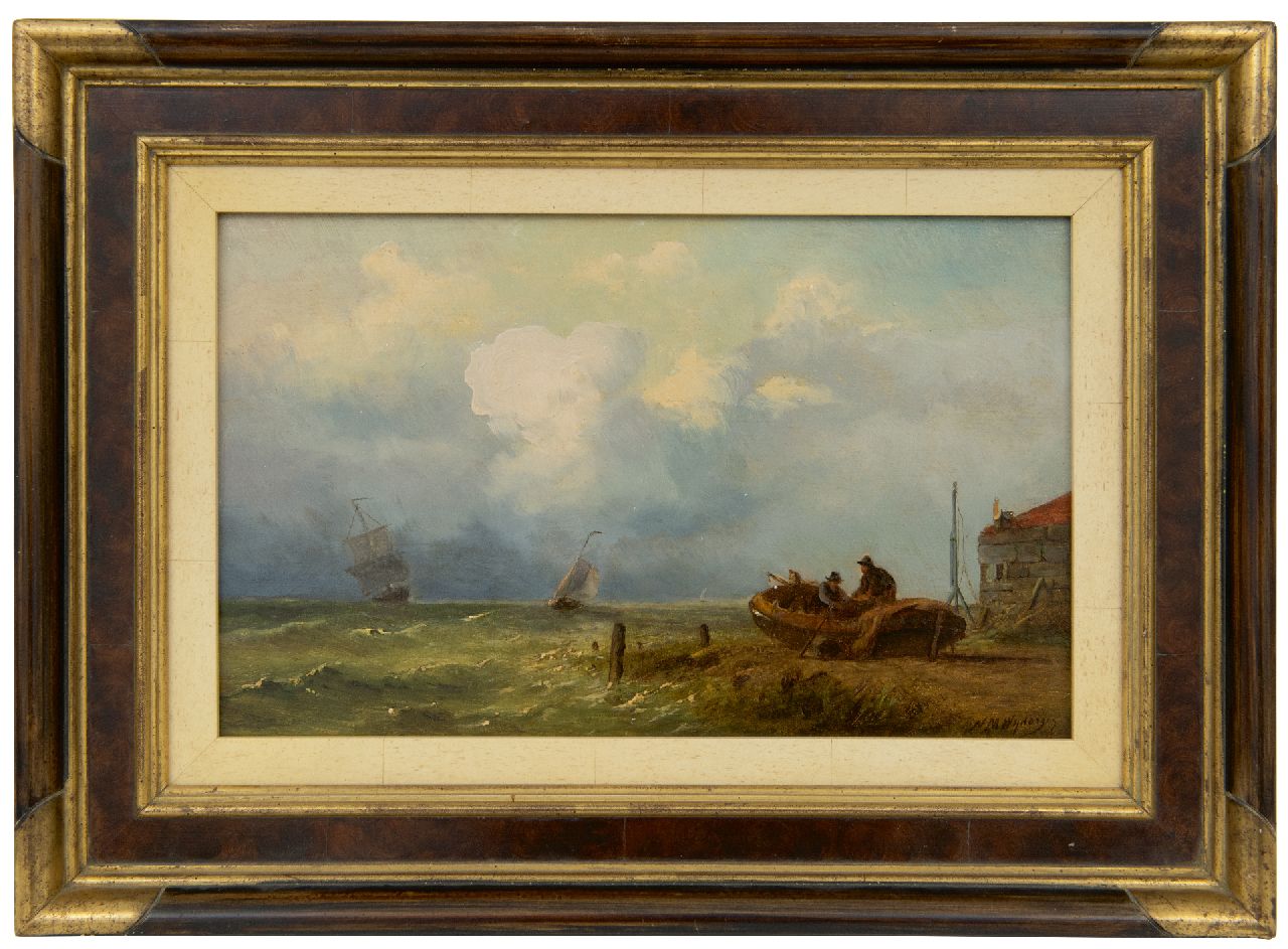 Wijdoogen N.M.  | Nicolaas Martinus Wijdoogen, Vissers aan het werk langs de kustlijn, olieverf op paneel 17,8 x 28,3 cm, gesigneerd rechtsonder