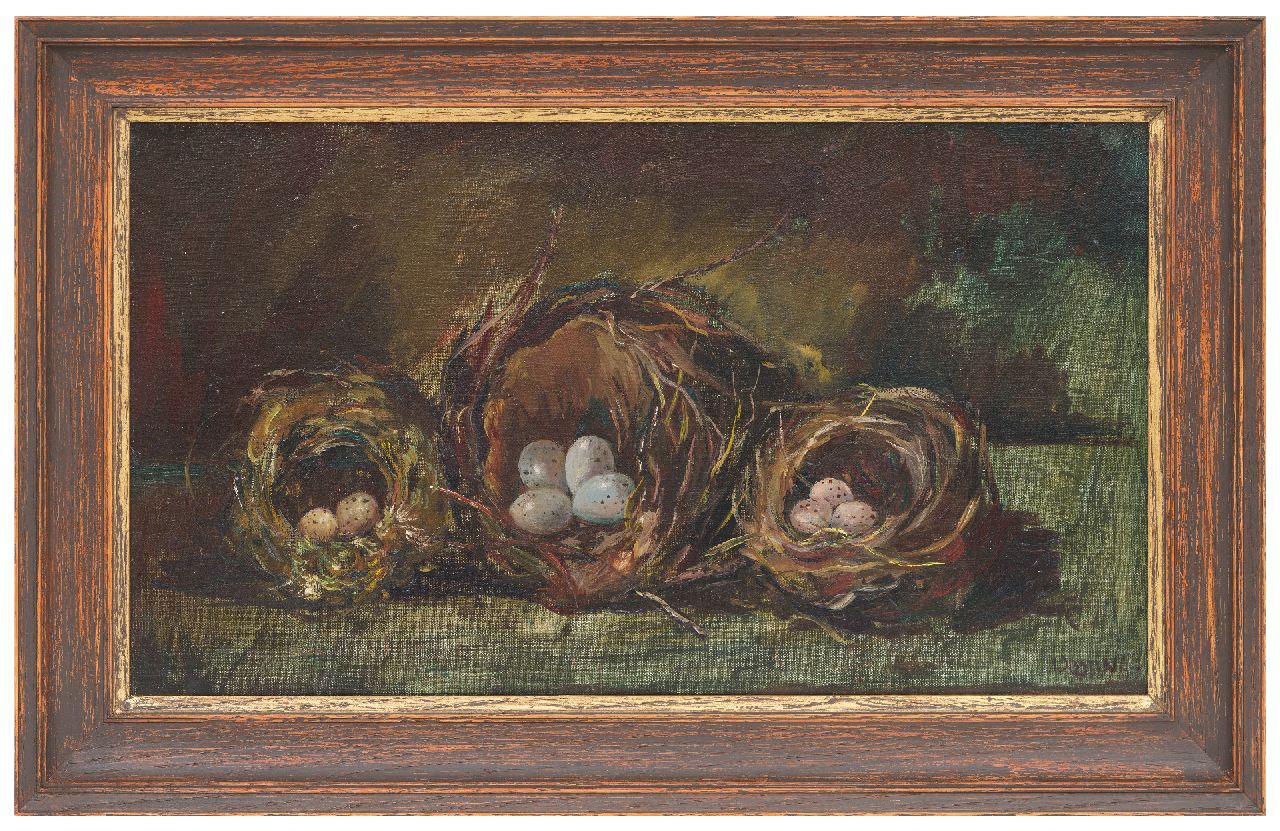 Bieruma Oosting A.J.W.  | Adriana Johanna Wilhelmina 'Jeanne' Bieruma Oosting, Drie vogelnesten, olieverf op doek 27,2 x 46,3 cm, gesigneerd rechtsonder en te dateren ca. 1922