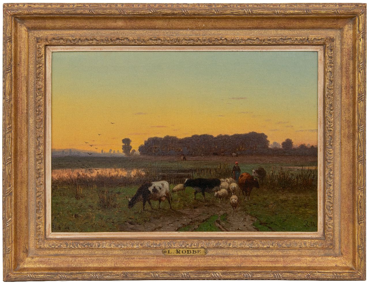 Robbe H.A.  | Henri Alexander Robbe | Schilderijen te koop aangeboden | Herderin en vee op weg naar huis, olieverf op doek 34,1 x 49,8 cm, gesigneerd rechtsonder