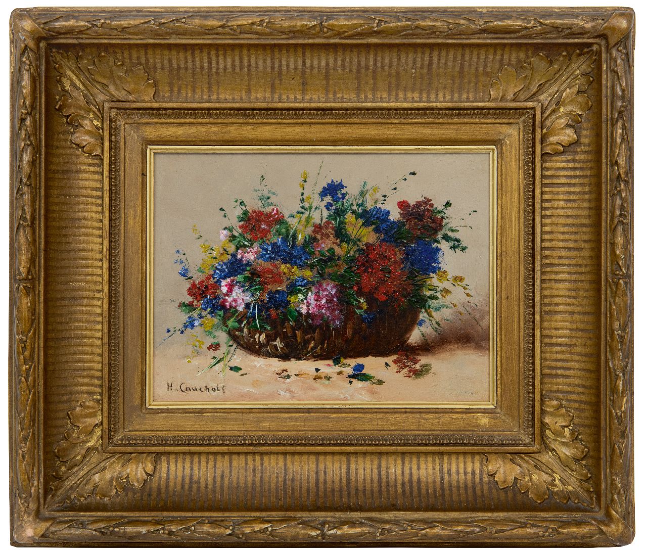 Cauchois E.H.  | Eugène-Henri Cauchois | Schilderijen te koop aangeboden | Zomerbloemen in een mand, olieverf op paneel 16,8 x 24,1 cm, gesigneerd linksonder