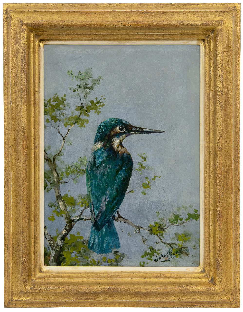 Gindra H.J.  | Hubert Joseph 'Jozef' Gindra | Schilderijen te koop aangeboden | IJsvogel op een tak, olieverf op paneel 28,5 x 20,1 cm, gesigneerd rechtsonder