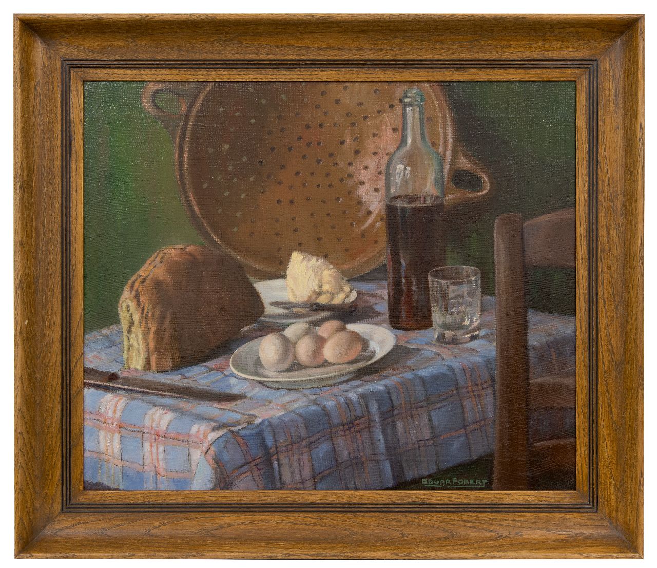 Fobert E.  | Edgar Fobert | Schilderijen te koop aangeboden | Stilleven met brood, boter en eieren, olieverf op doek 50,2 x 60,5 cm, gesigneerd rechtsonder