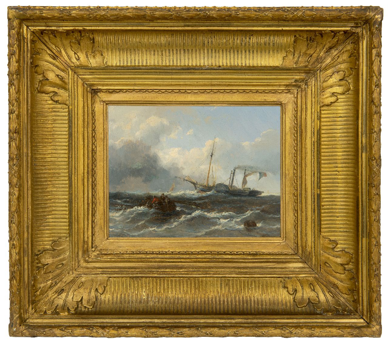 Meijer J.H.L.  | Johan Hendrik 'Louis' Meijer | Schilderijen te koop aangeboden | Roeiboot en stoomschip op zee, olieverf op paneel 14,9 x 19,0 cm, gesigneerd rechtsonder