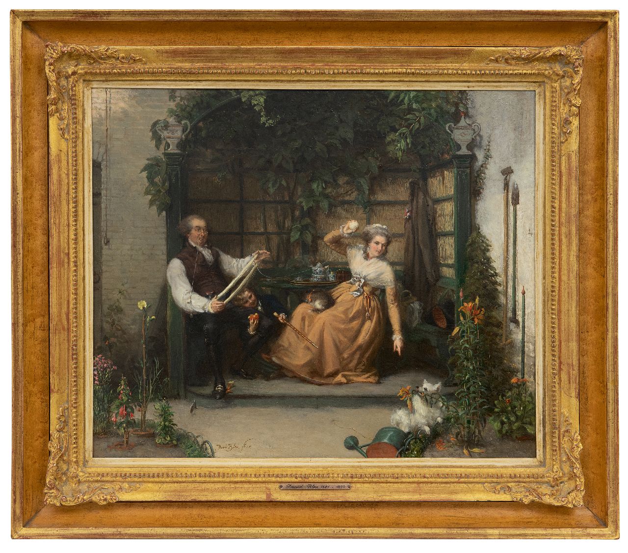 Bles D.J.  | David Joseph Bles | Schilderijen te koop aangeboden | Het keeshondje; een Oranjegezinde familie in een tuinprieel, olieverf op paneel 37,0 x 43,9 cm, gesigneerd linksonder en gedateerd '55