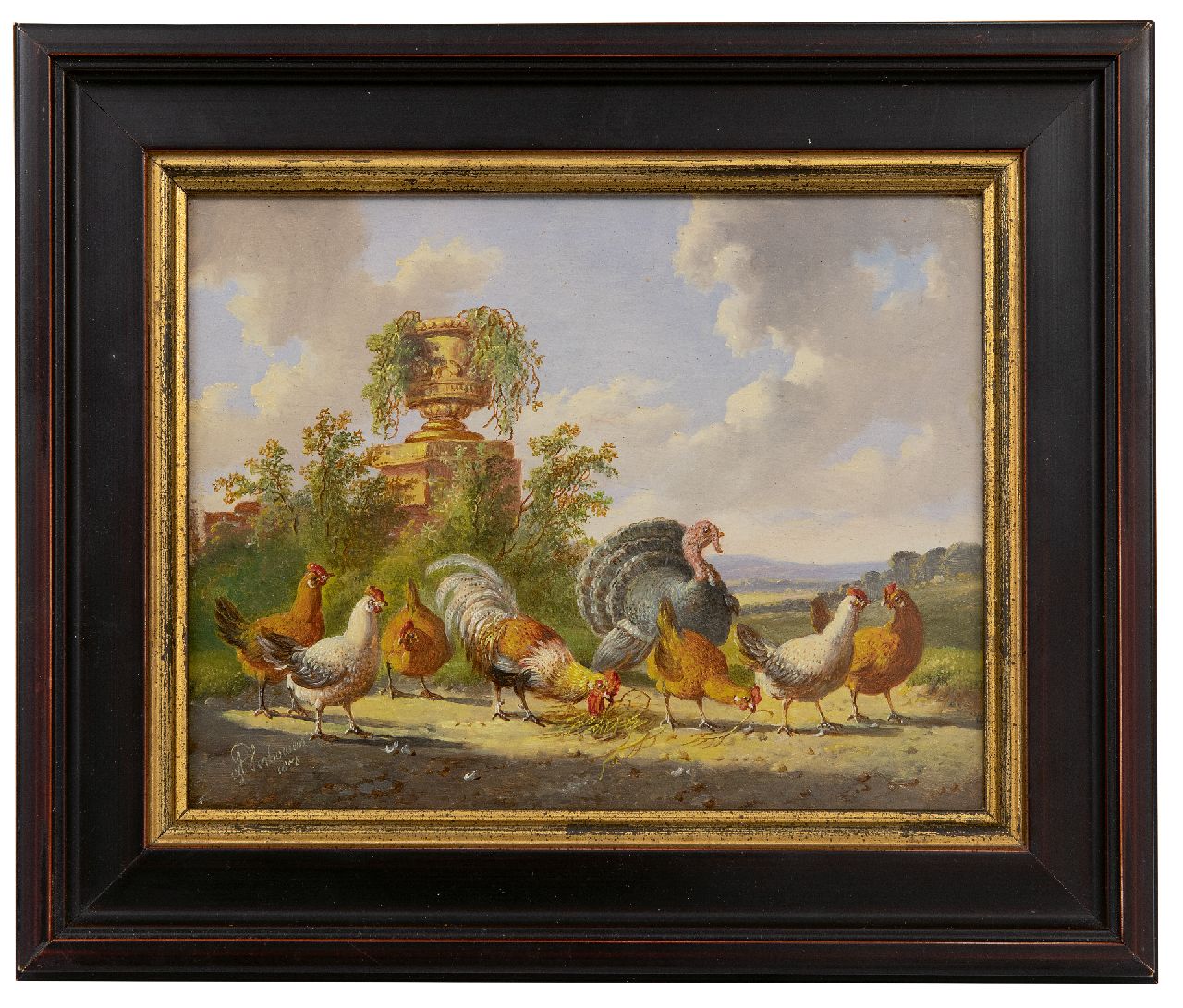 Verhoesen A.  | Albertus Verhoesen | Schilderijen te koop aangeboden | Pluimvee in een weids landschap, olieverf op paneel 14,3 x 18,6 cm, gesigneerd linksonder en gedateerd 1878
