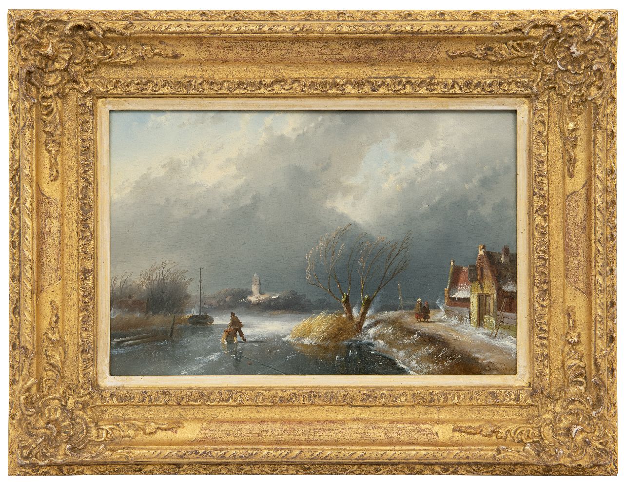 Leickert C.H.J.  | 'Charles' Henri Joseph Leickert | Schilderijen te koop aangeboden | Winterlandschap met opkomende naderende sneeuwstorm, olieverf op paneel 23,0 x 34,9 cm, gesigneerd rechtsonder