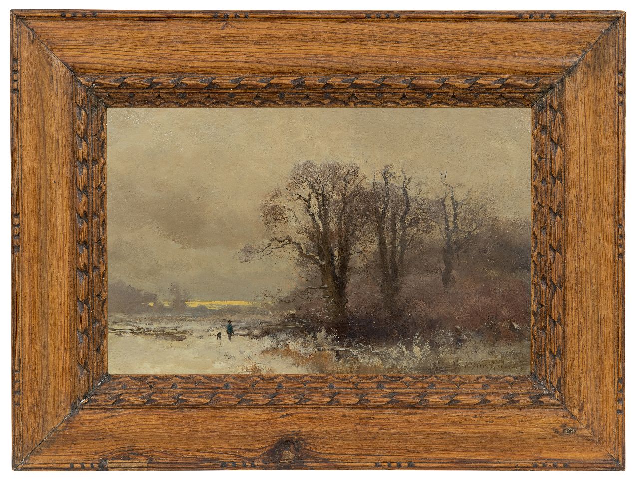 Hollestelle J.H.  | Jacob Huijbrecht Hollestelle | Schilderijen te koop aangeboden | Jager en zijn hond in een sneeuwlandschap, olieverf op paneel 20,5 x 31,6 cm, gesigneerd rechtsonder en gedateerd '99