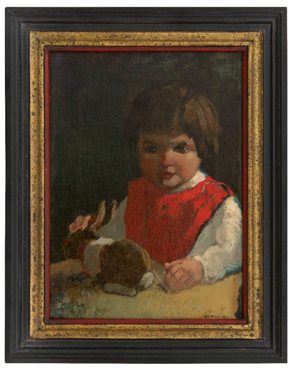 Wenning IJ.H.  | IJpe Heerke 'Ype' Wenning | Schilderijen te koop aangeboden | Meisje met haar knuffelkonijn, olieverf op doek 36,4 x 26,2 cm, gesigneerd rechtsonder