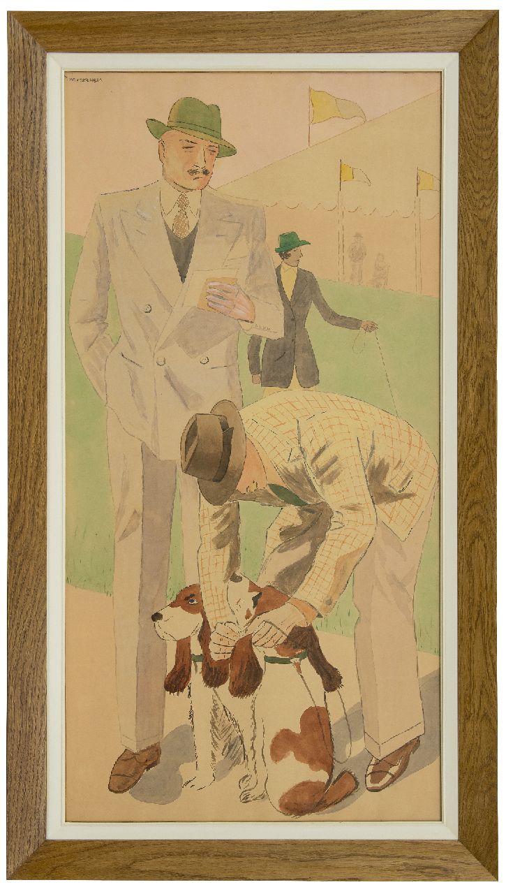 Hem P. van der | Pieter 'Piet' van der Hem | Aquarellen en tekeningen te koop aangeboden | Op de hondenshow, aquarel op papier 127,4 x 68,0 cm, gesigneerd linksboven