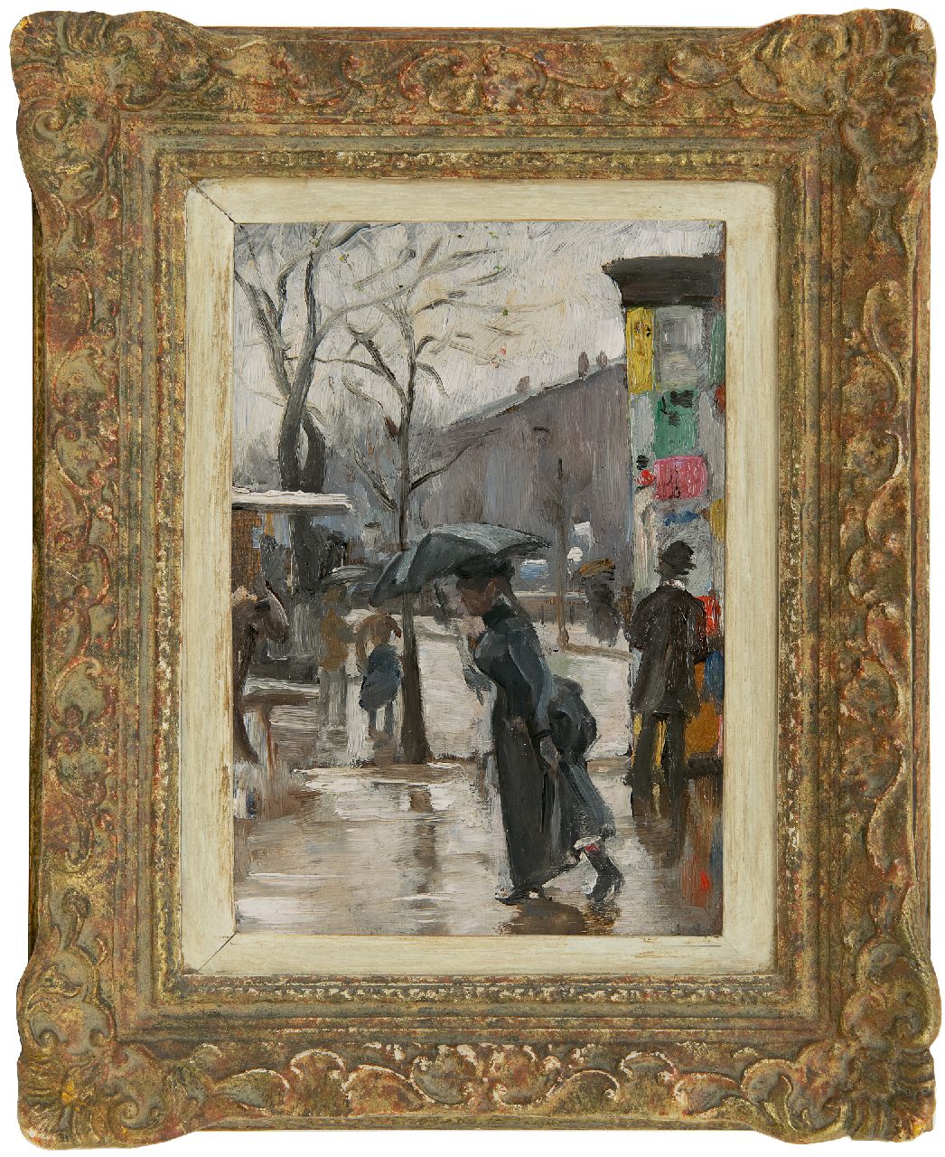Hoeniger P.  | Paul Hoeniger, Een regenachtige dag langs de Seine in Parijs, olieverf op paneel 24,7 x 16,9 cm, gesigneerd rechtsonder