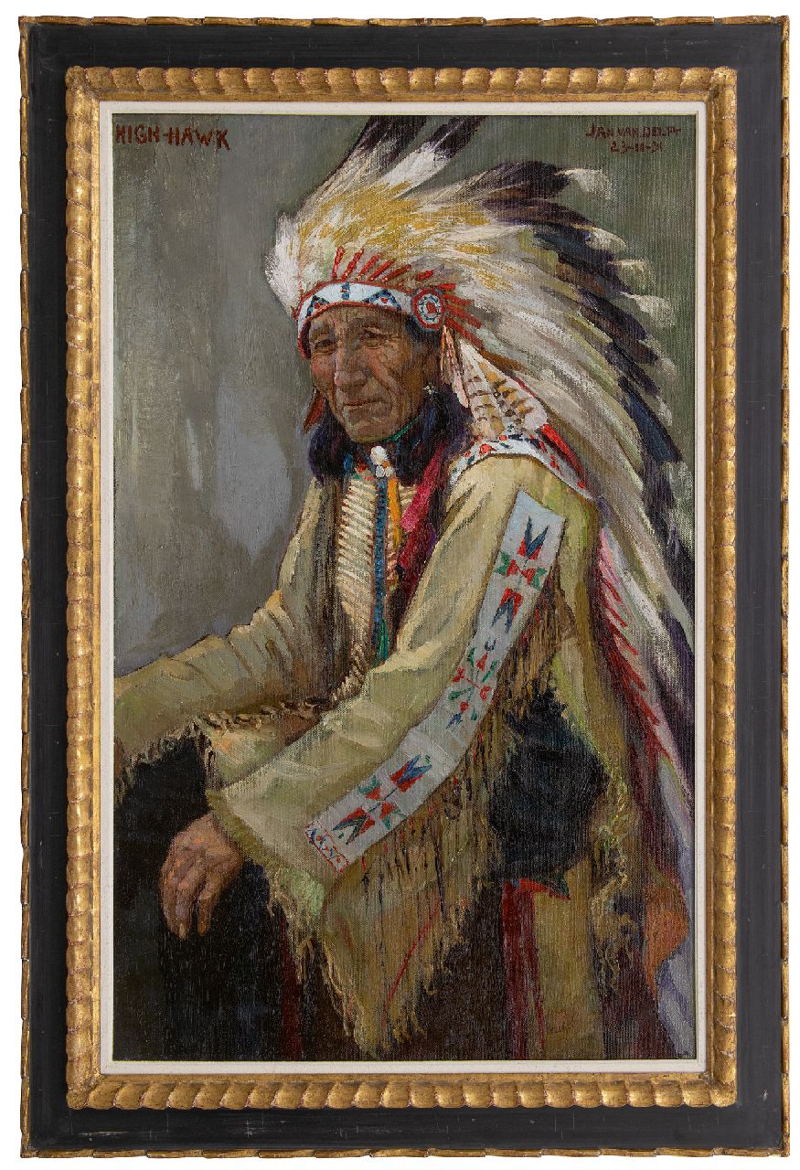 Delft J.P. van | Johannes 'Jan' Petrus van Delft, Chief High Hawk, olieverf op doek 110,2 x 70,1 cm, gesigneerd rechtsboven en gedateerd 23-11-31 Delft J.P. van | Johannes 'Jan' Petrus van Delft, Chief High Hawk, olieverf op doek 110,2 x 70,1 cm, gesigneerd rechtsboven en gedateerd 23-11-31