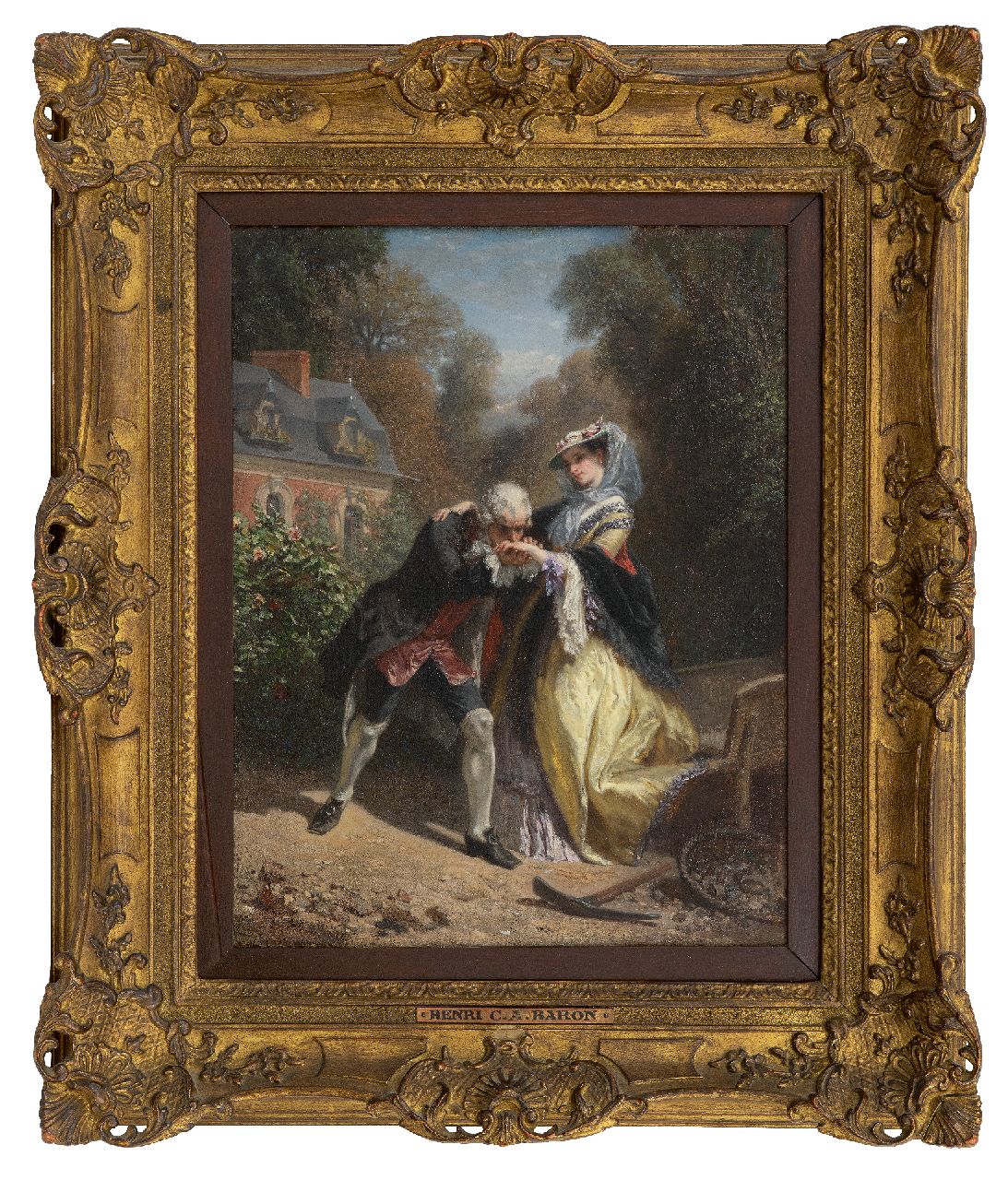 Baron H.C.A.  | 'Henri' Charles Antoine Baron | Schilderijen te koop aangeboden | De handkus, olieverf op paneel 36,2 x 28,3 cm, gesigneerd rechts van het midden