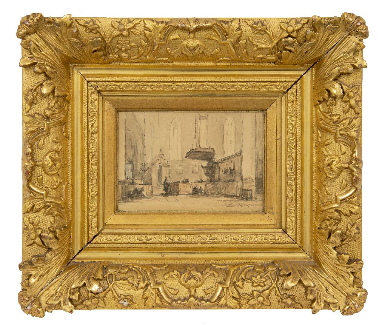 Bosboom J.  | Johannes Bosboom | Aquarellen en tekeningen te koop aangeboden | Interieur van de Grote Kerk te Alkmaar, aquarel op papier 12,1 x 18,2 cm, gesigneerd rechtsonder