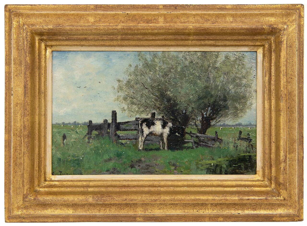 Poggenbeek G.J.H.  | George Jan Hendrik 'Geo' Poggenbeek | Schilderijen te koop aangeboden | Pink bij een hek in de wei, olieverf op paneel 14,0 x 22,6 cm, gesigneerd linksonder