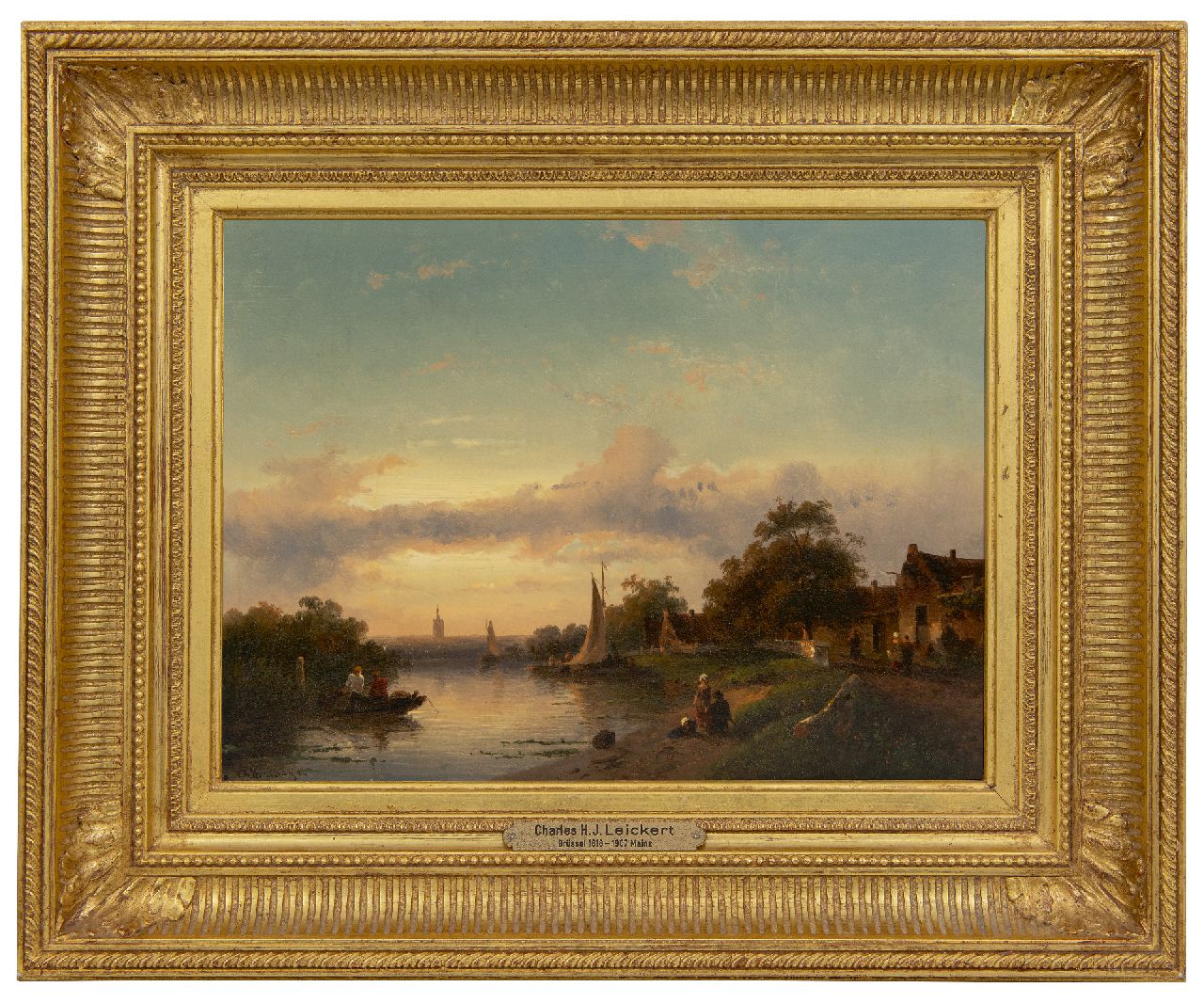 Leickert C.H.J.  | 'Charles' Henri Joseph Leickert | Schilderijen te koop aangeboden | Zomers riviergezicht bij ondergaande zon, olieverf op paneel 23,0 x 31,6 cm, gesigneerd linksonder en gedateerd '54