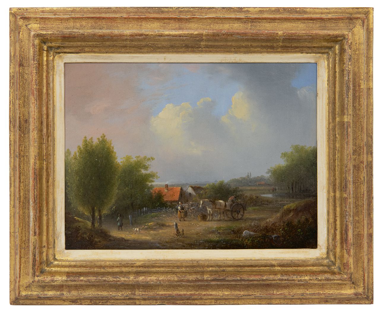 Stok J. van der | Jacobus van der Stok | Schilderijen te koop aangeboden | Weids landschap met boerenvolk, olieverf op paneel 19,3 x 26,0 cm