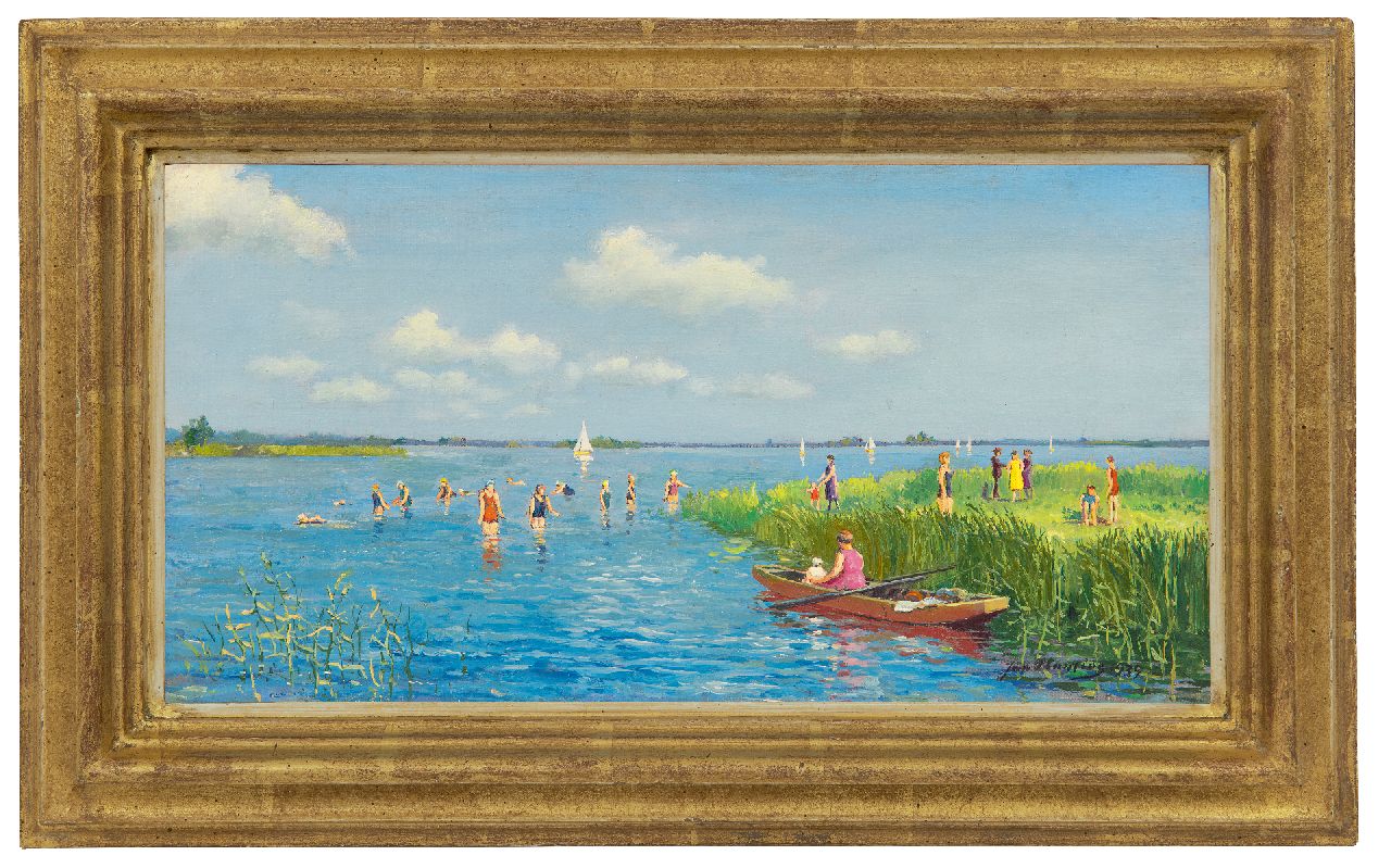 Planting J.  | Jan Planting, Zomers zwemplezier bij De Leien in Friesland, olieverf op doek 19,6 x 37,1 cm, gesigneerd rechtsonder en gedateerd 1939