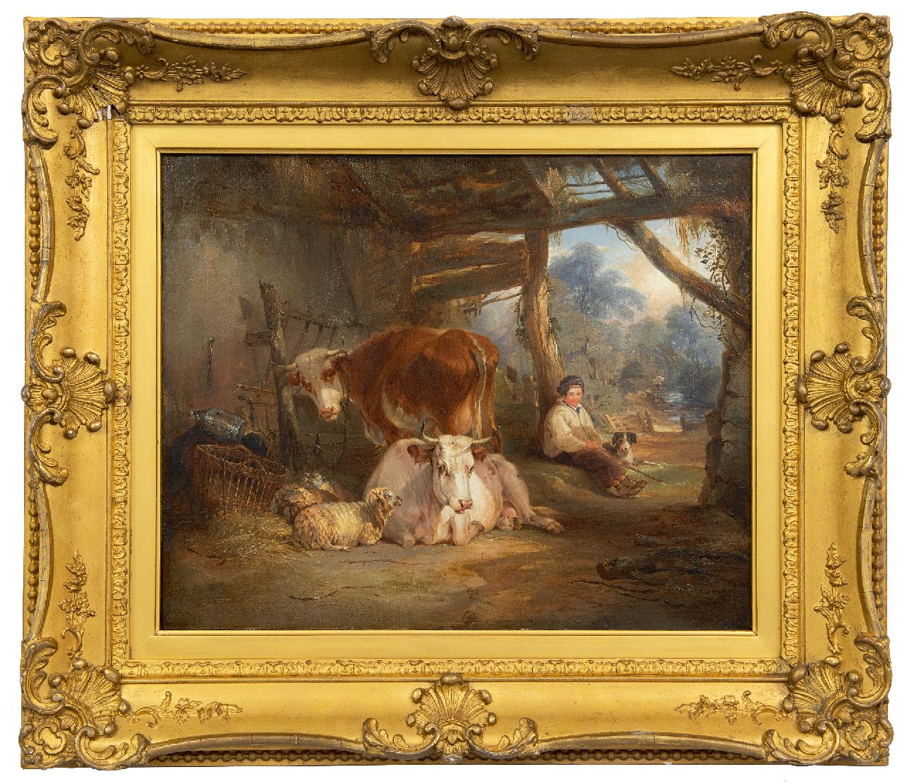 Engelse School, 19e eeuw   | Engelse School, 19e eeuw | Schilderijen te koop aangeboden | Herdertje bij koeien in een stal i.o., olieverf op doek 35,8 x 44,3 cm