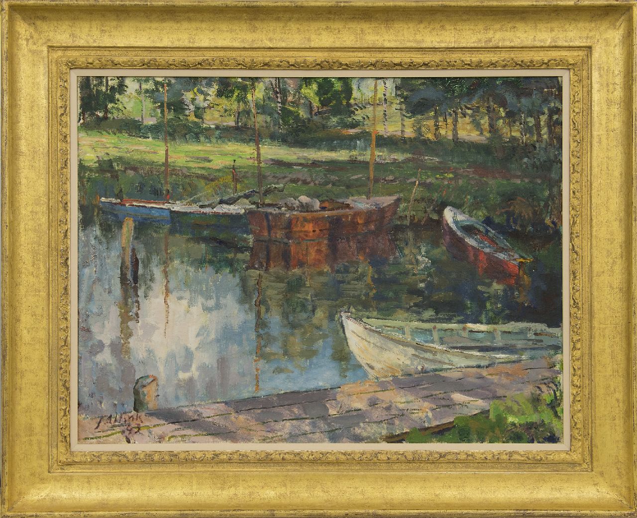 Altink J.  | Jan Altink, Aangemeerde bootjes bij het Paterswoldsemeer, olieverf op doek 60,8 x 80,6 cm, gesigneerd linksonder en gedateerd '43