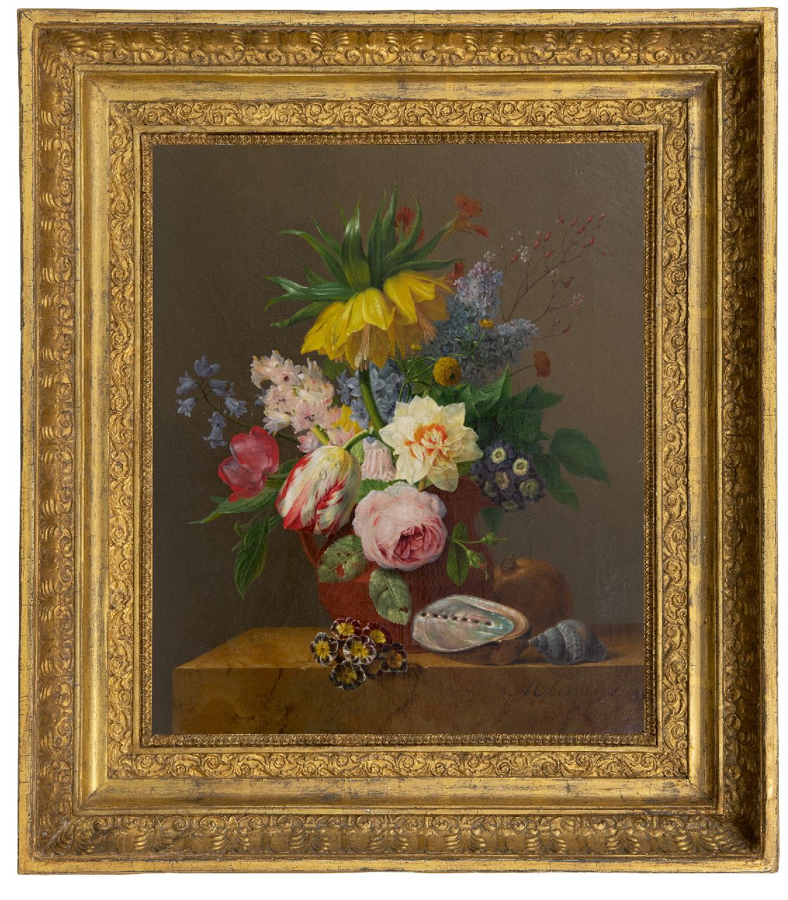 Oberman A.  | Anthony Oberman | Schilderijen te koop aangeboden | Stilleven met bloemen, granaatappel en schelpen op een marmeren plint, olieverf op doek 47,0 x 39,5 cm, gesigneerd rechtsonder