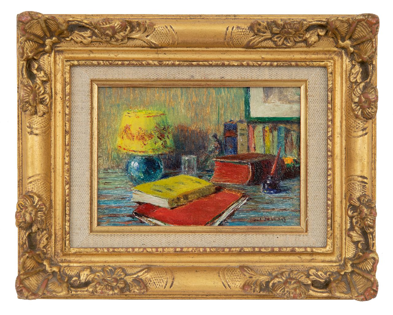 Gervais P.J.L.  | Paul Jean Louis Gervais, Stilleven met boeken en lamp, olieverf op paneel 10,1 x 14,3 cm, gesigneerd rechtsonder
