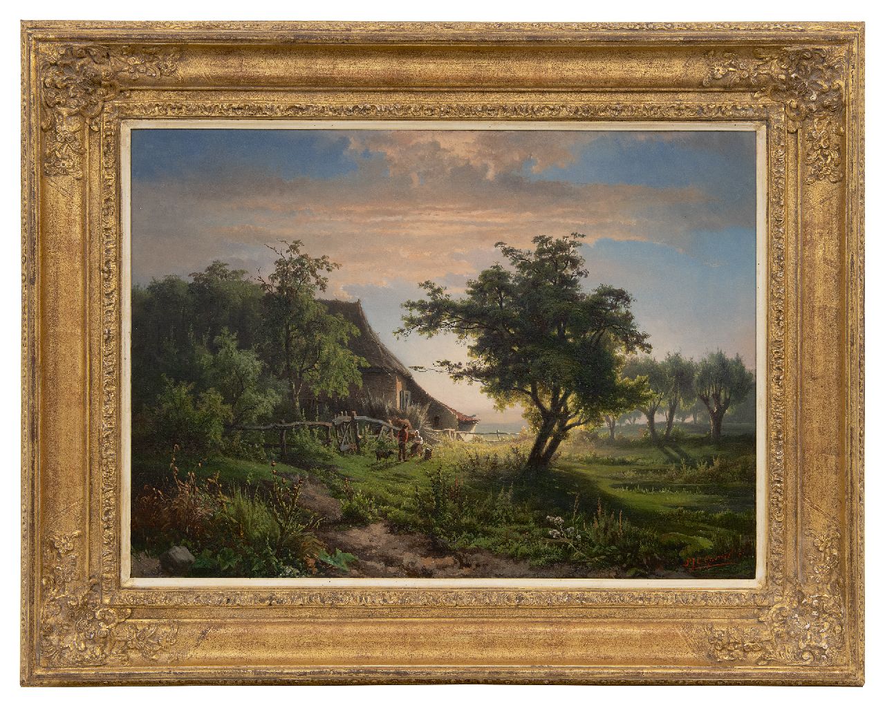 Gabriel P.J.C.  | Paul Joseph Constantin 'Constan(t)' Gabriel, Landschap met boerderij bij zonsondergang, olieverf op doek 45,5 x 63,0 cm, gesigneerd rechtsonder en te dateren ca. 1855