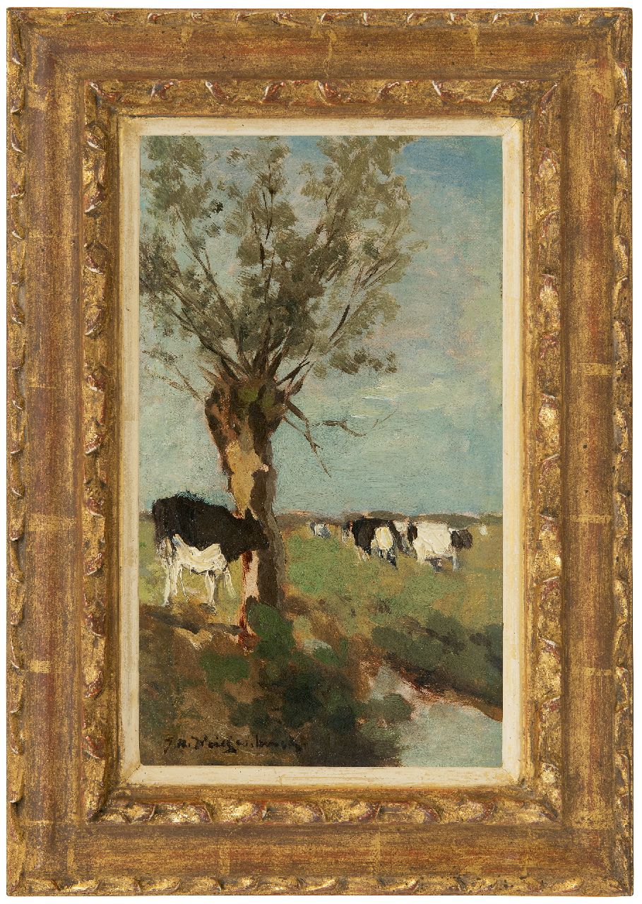 Weissenbruch H.J.  | Hendrik Johannes 'J.H.' Weissenbruch | Schilderijen te koop aangeboden | Koeien bij een knotwilg, olieverf op doek op paneel 32,1 x 19,1 cm, gesigneerd linksonder en te dateren jaren 90