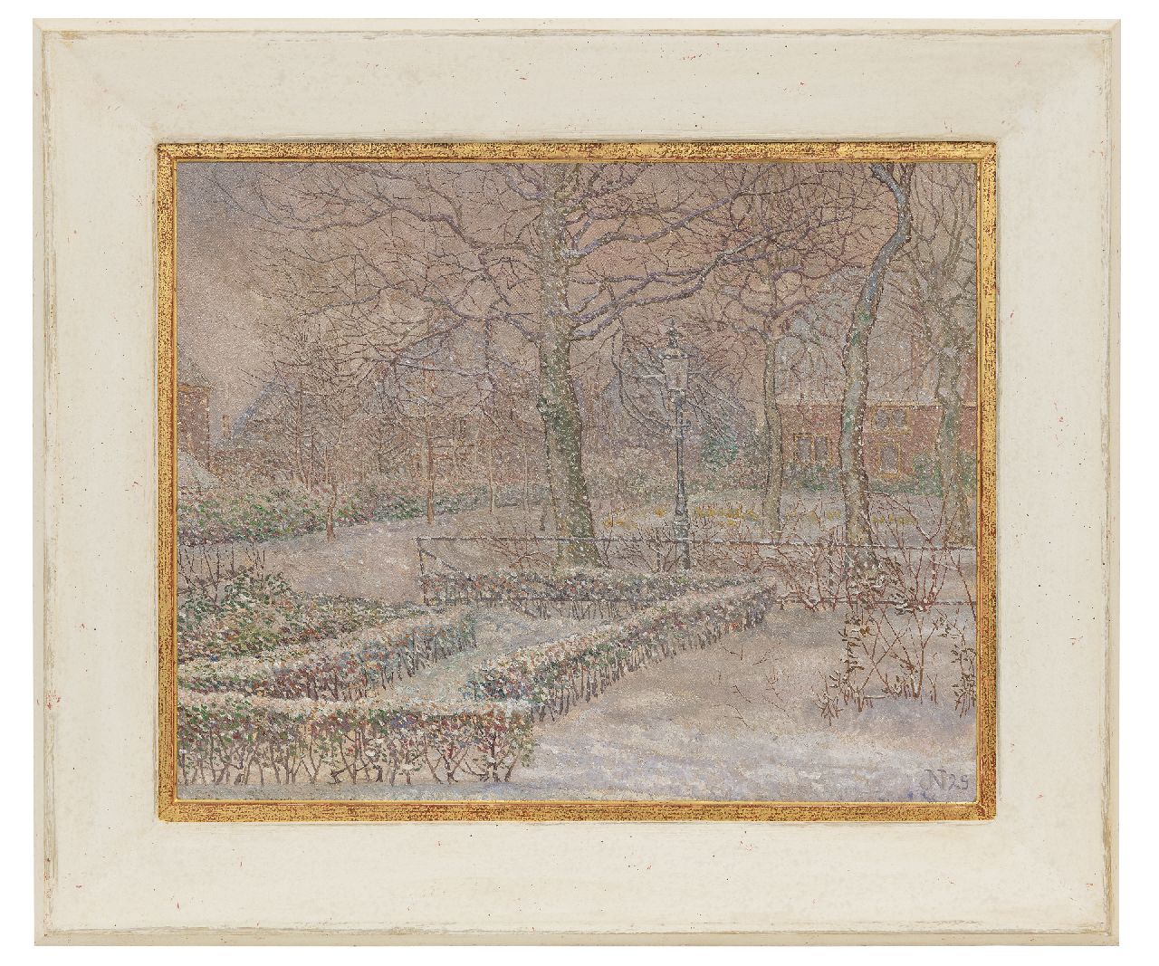 Nieweg J.  | Jakob Nieweg, Tuin van de schilder in de sneeuw, Amersfoort, olieverf op doek 40,5 x 50,5 cm, gesigneerd rechtsonder met monogram en gedateerd '29