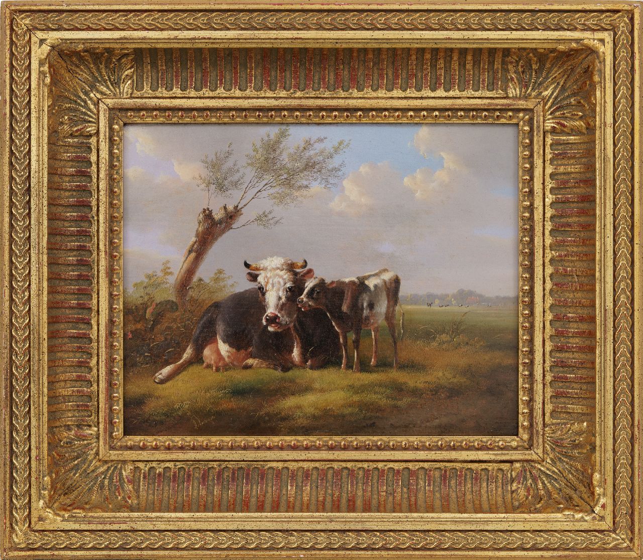 Verhoesen A.  | Albertus Verhoesen, Koe en haar kalf in een weidelandschap, olieverf op paneel 23,0 x 29,8 cm, gesigneerd linksonder en gedateerd 1853