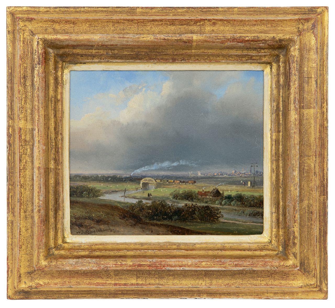 Roosenboom N.J.  | Nicolaas Johannes Roosenboom | Schilderijen te koop aangeboden | Panoramisch landschap met stoomtrein in de verte, olieverf op paneel 13,7 x 15,8 cm, gesigneerd linksonder