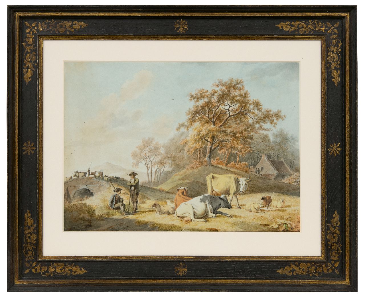 Koekkoek B.C.  | Barend Cornelis Koekkoek | Aquarellen en tekeningen te koop aangeboden | Arcadisch landschap met herders en vee, inkt en aquarel op papier 26,7 x 37,5 cm, gesigneerd linksonder en te dateren ca. 1824