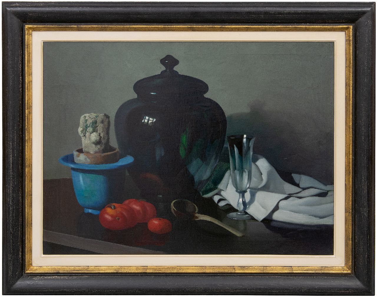 Hoff A.J. van 't | Adrianus Johannes 'Adriaan' van 't Hoff | Schilderijen te koop aangeboden | Stilleven met cactus in een pot, glazen bowl en tomaten, olieverf op doek 56,7 x 75,8 cm