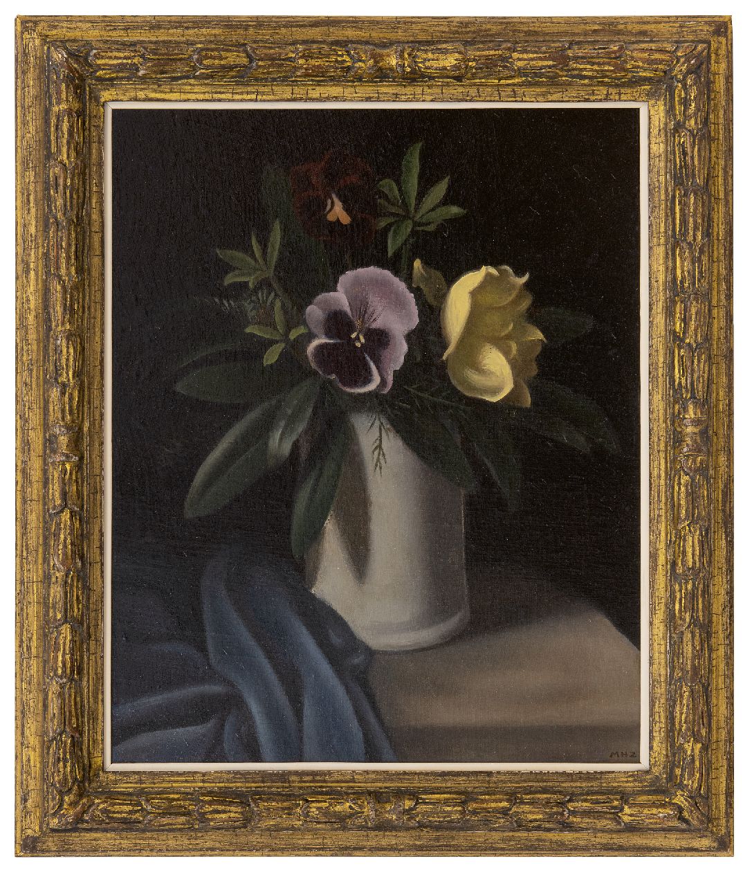 Hynckes-Zahn M.  | Marguerite Hynckes-Zahn | Schilderijen te koop aangeboden | Bloemstilleven met viooltje en roos, olieverf op doek op board 42,6 x 33,7 cm, gesigneerd rechtsonder met initialen