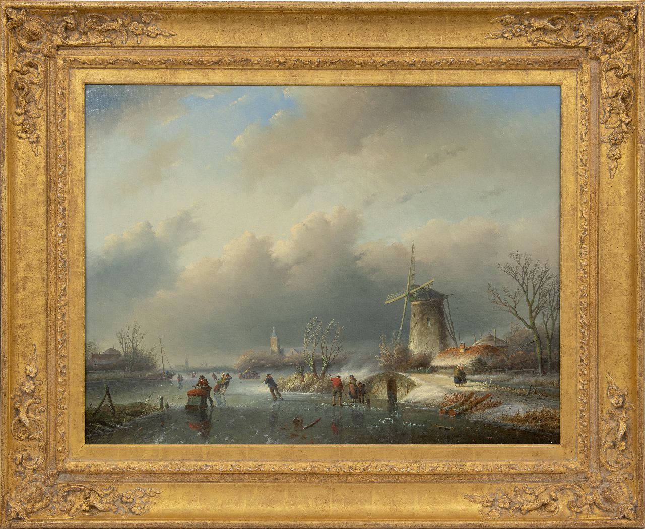 Spohler J.J.  | Jan Jacob Spohler | Schilderijen te koop aangeboden | Bedrijvigheid op het ijs bij een molen, olieverf op doek 60,2 x 80,0 cm, gesigneerd linksonder
