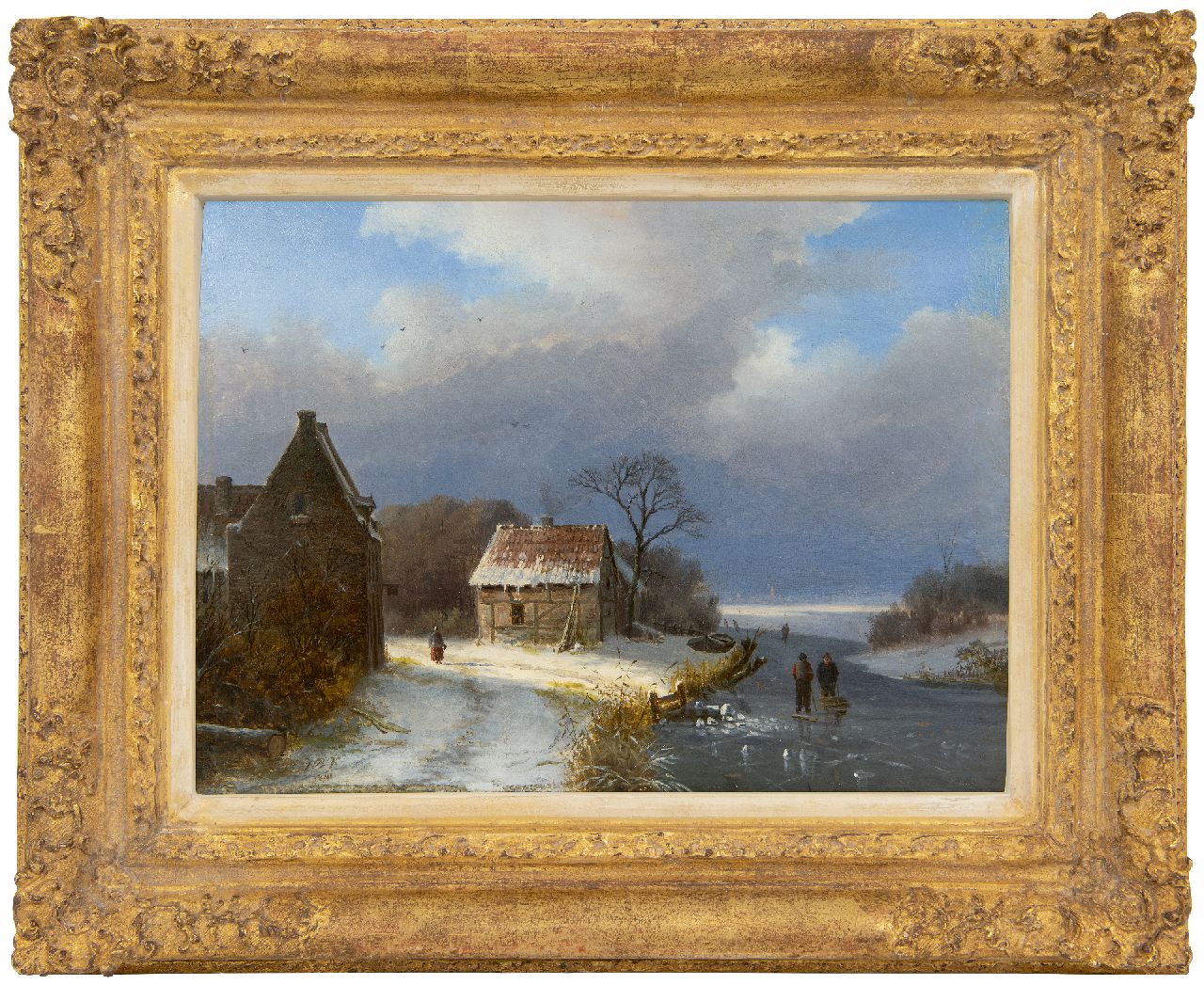 Klombeck J.B.  | Johann Bernard Klombeck | Schilderijen te koop aangeboden | Winters landschap met schaatsers en houtsprokkelaar, olieverf op paneel 22,9 x 31,3 cm, gesigneerd linksonder met initialen en gedateerd 1841