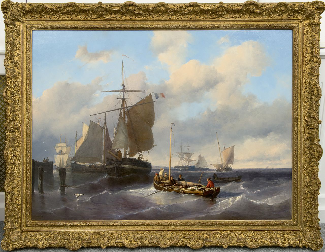 Meijer J.H.L.  | Johan Hendrik 'Louis' Meijer | Schilderijen te koop aangeboden | Het hijsen van de zeilen bij een havenhoofd, olieverf op paneel 79,8 x 110,5 cm, gesigneerd linksonder