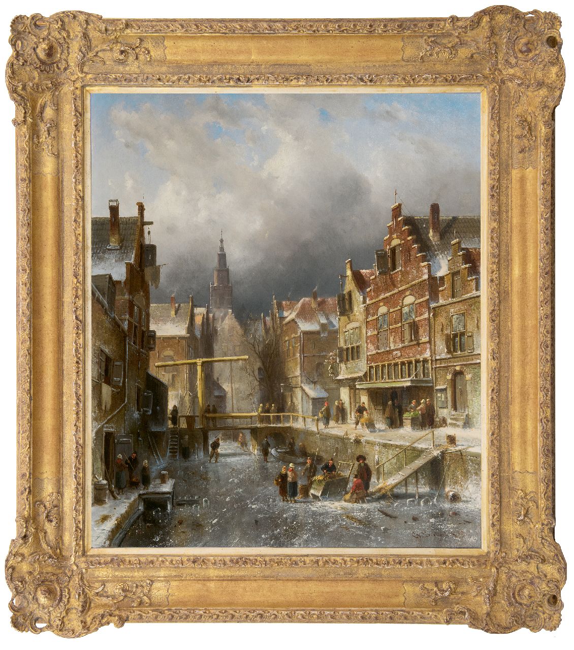 Leickert C.H.J.  | 'Charles' Henri Joseph Leickert | Schilderijen te koop aangeboden | Drukbevolkte stadsgracht bij winter, olieverf op doek 70,1 x 60,0 cm, gesigneerd rechtsonder en gedateerd '85