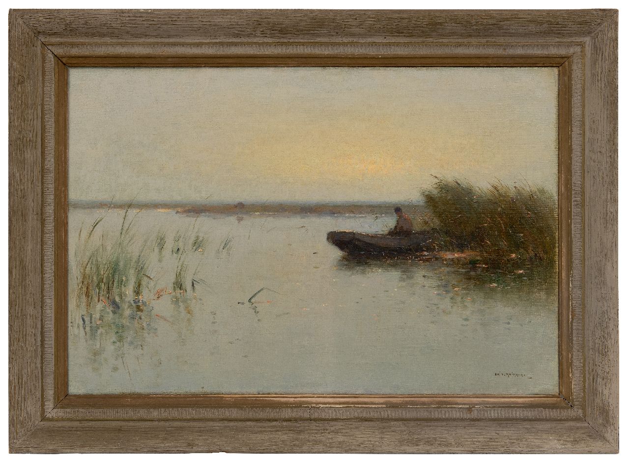 Knikker A.  | Aris Knikker | Schilderijen te koop aangeboden | Polderlandschap met visser in een schuit, olieverf op doek 40,2 x 60,2 cm, gesigneerd rechtsonder
