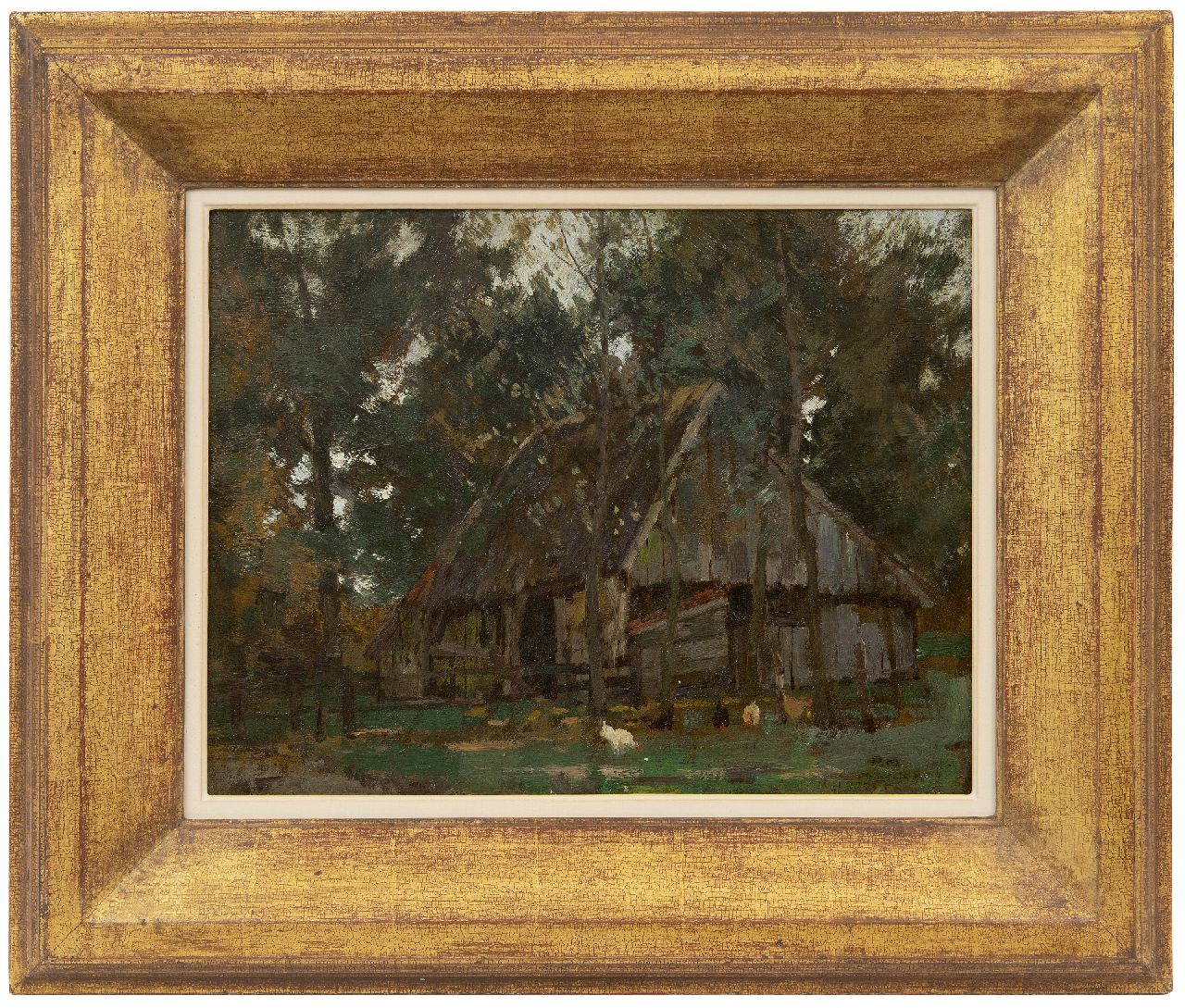 Meiners P.  | Pieter 'Piet' Meiners | Schilderijen te koop aangeboden | Schuur in het bos, olieverf op doek 41,0 x 31,0 cm, gesigneerd rechtsonder met initialen
