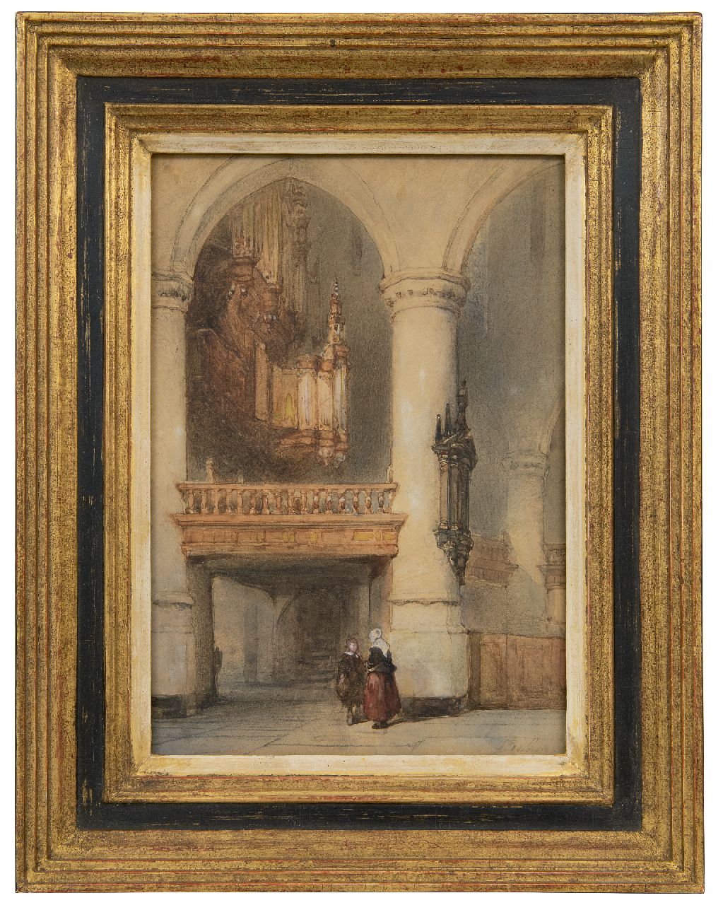Bosboom J.  | Johannes Bosboom, Interieur van de Oude Kerk in Delft, krijt en aquarel op papier 28,2 x 19,5 cm, gesigneerd rechtsonder en te dateren ca. 1855