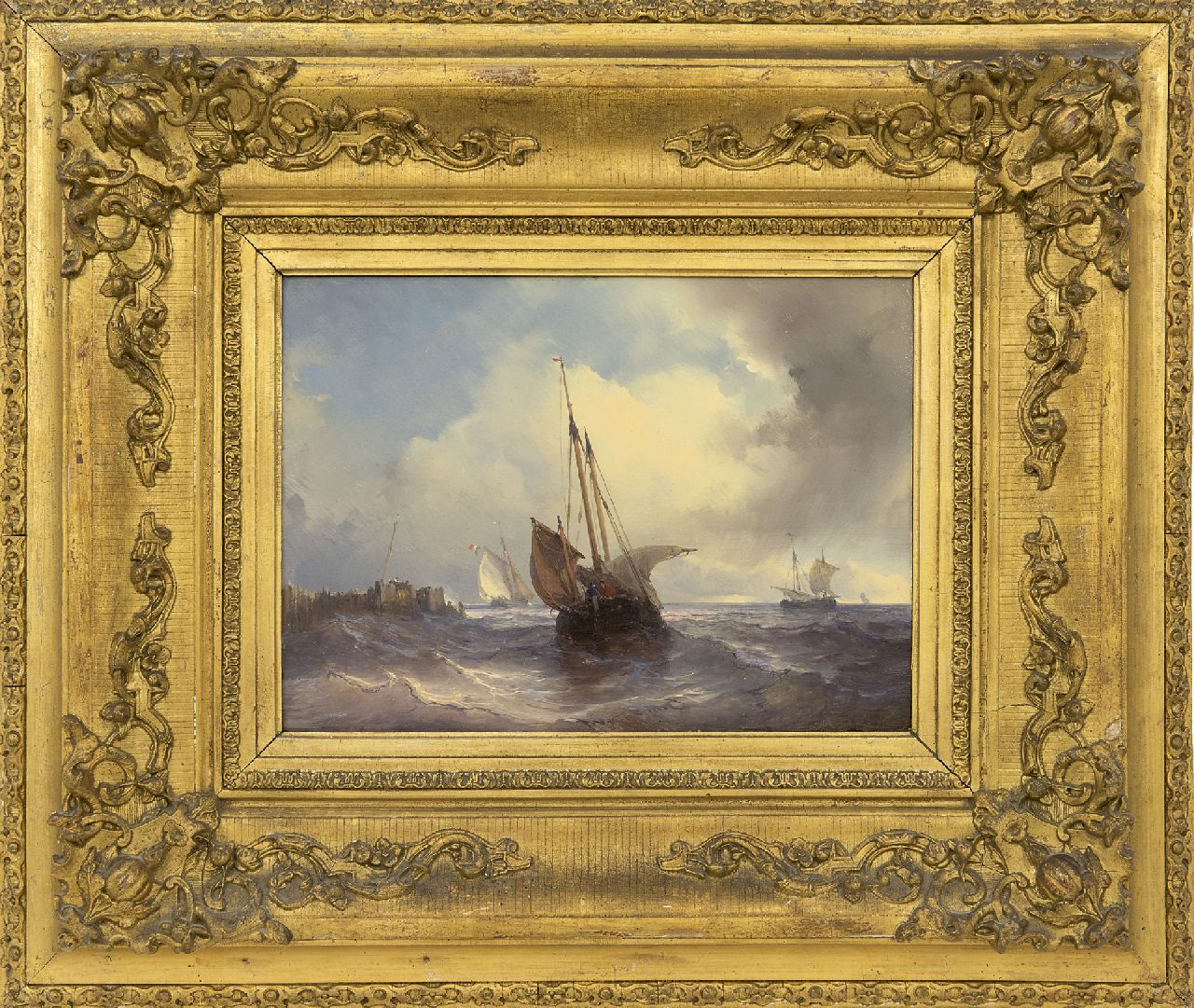 Meijer J.H.L.  | Johan Hendrik 'Louis' Meijer, Zeilschepen op ruwe zee, olieverf op paneel 18,8 x 25,7 cm, gesigneerd rechtsonder