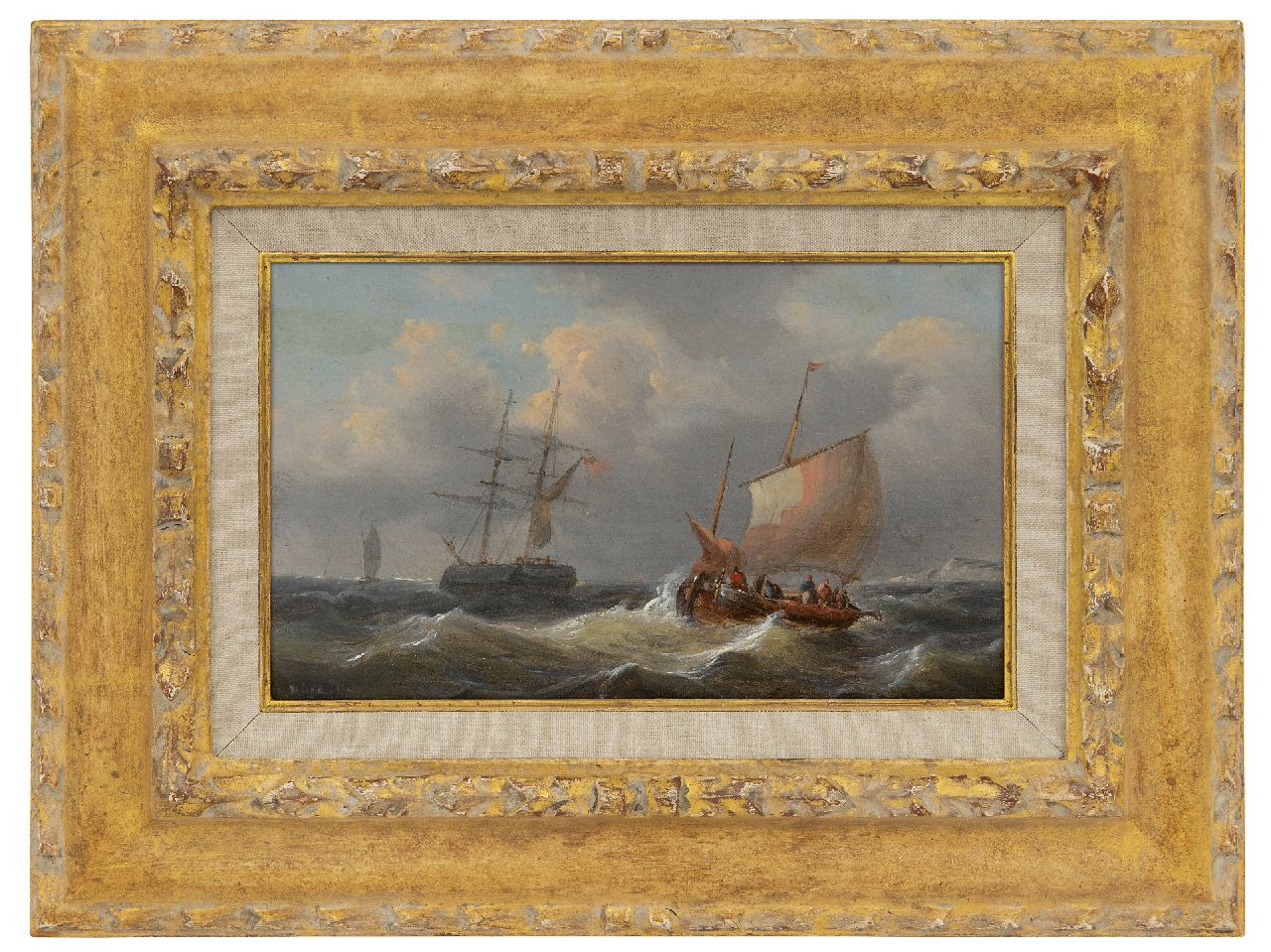 Opdenhoff G.W.  | Witzel 'George Willem' Opdenhoff | Schilderijen te koop aangeboden | Zeilschepen op ruwe zee, olieverf op paneel 14,6 x 23,4 cm, gesigneerd linksonder