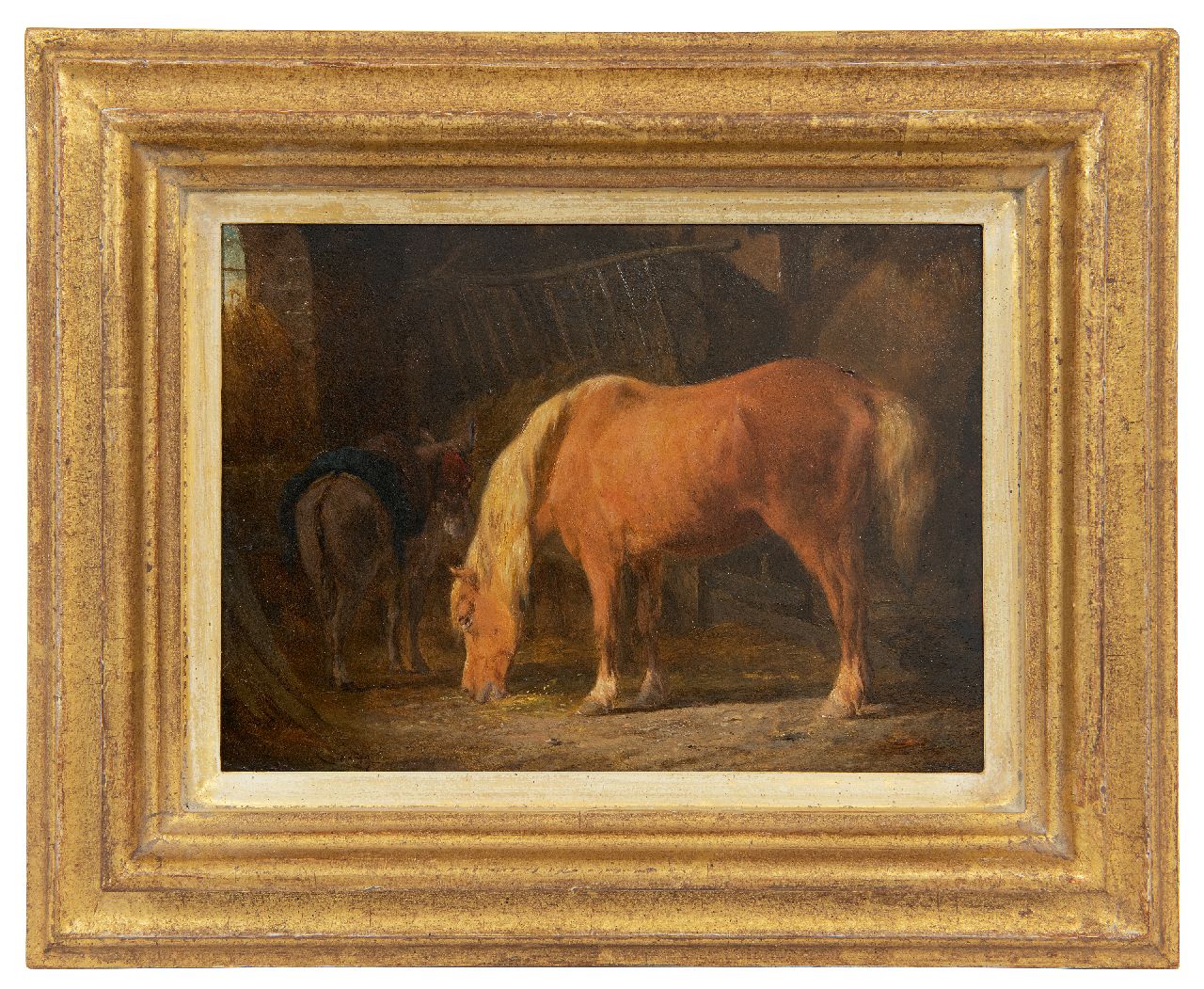 Os P.F. van | Pieter Frederik van Os | Schilderijen te koop aangeboden | Paard en ezel op stal, olieverf op paneel 16,3 x 22,4 cm, gesigneerd linksonder