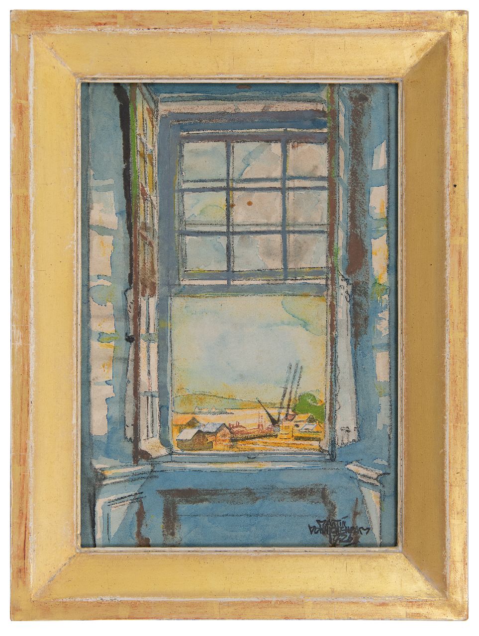 Monnickendam M.  | Martin Monnickendam | Aquarellen en tekeningen te koop aangeboden | Uitzicht uit een raam, krijt, inkt en aquarel op papier 38,3 x 26,3 cm, gesigneerd rechtsonder en gedateerd 1926