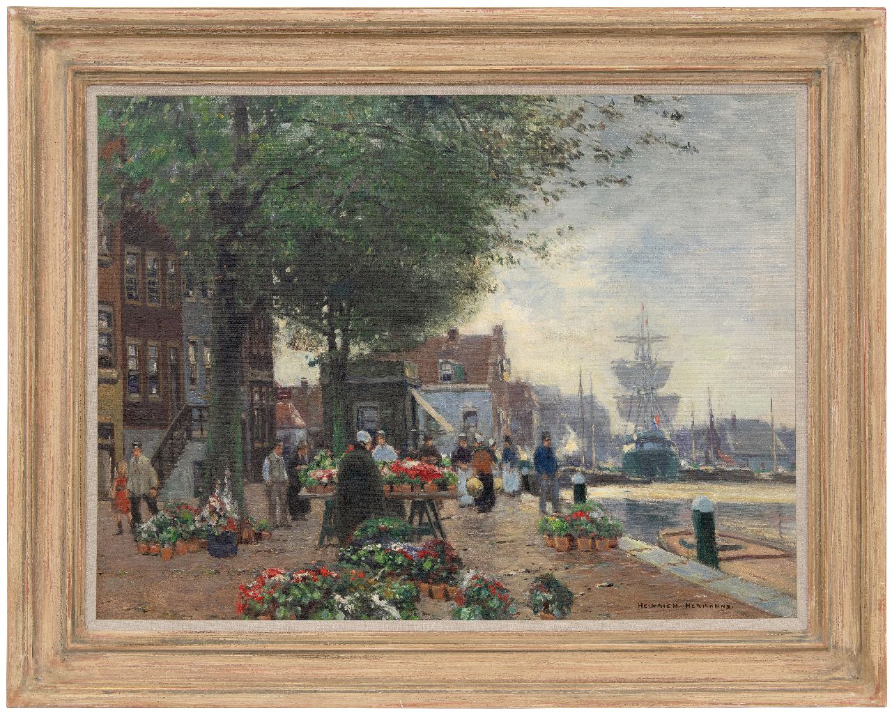 Hermanns H.  | Heinrich Hermanns | Schilderijen te koop aangeboden | Bloemenmarkt op een havenkade, olieverf op doek 60,5 x 80,7 cm, gesigneerd rechtsonder