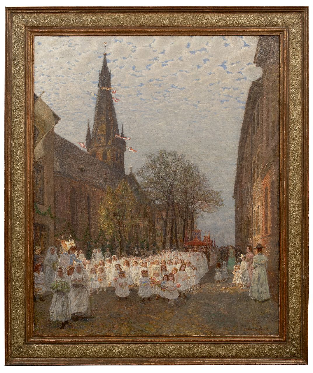 Ritzenhofen H.  | Hubert Ritzenhofen | Schilderijen te koop aangeboden | Processie bij de Sint-Lambertuskerk in Düsseldorf, olieverf op doek 116,9 x 96,0 cm, gesigneerd rechtsonder en verso op etiket en gedateerd '09