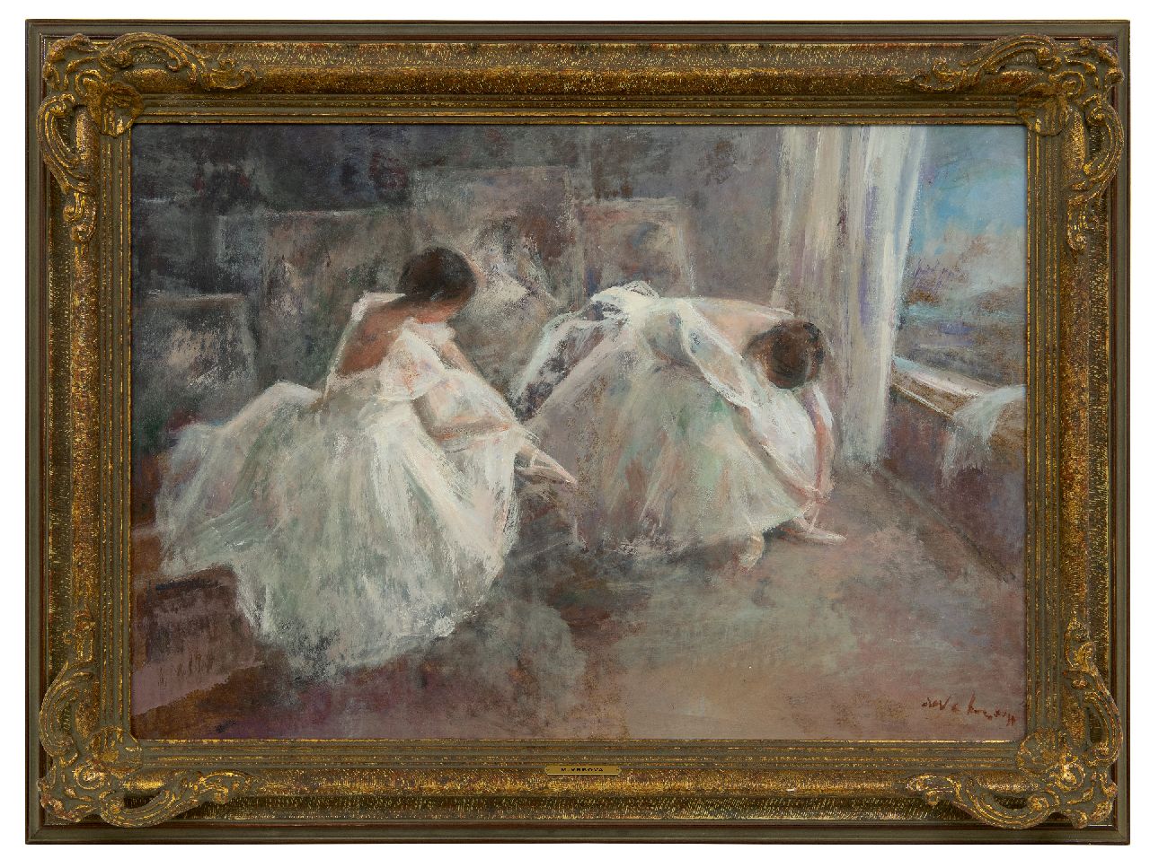 Vrbová-Štefková M.  | Miroslava Vrbová-Štefková | Schilderijen te koop aangeboden | Ballerina's in een atelier, olieverf op board 45,0 x 65,0 cm, gesigneerd rechtsonder (onduidelijk)