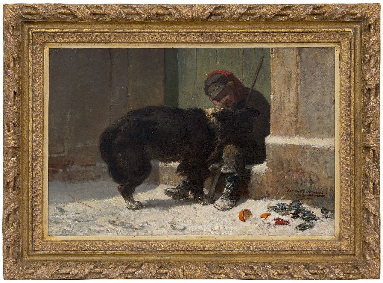 Ronner-Knip H.  | Henriette Ronner-Knip | Schilderijen te koop aangeboden | Jongen met zijn hond in de sneeuw, olieverf op doek 37,5 x 56,4 cm, gesigneerd rechtsonder