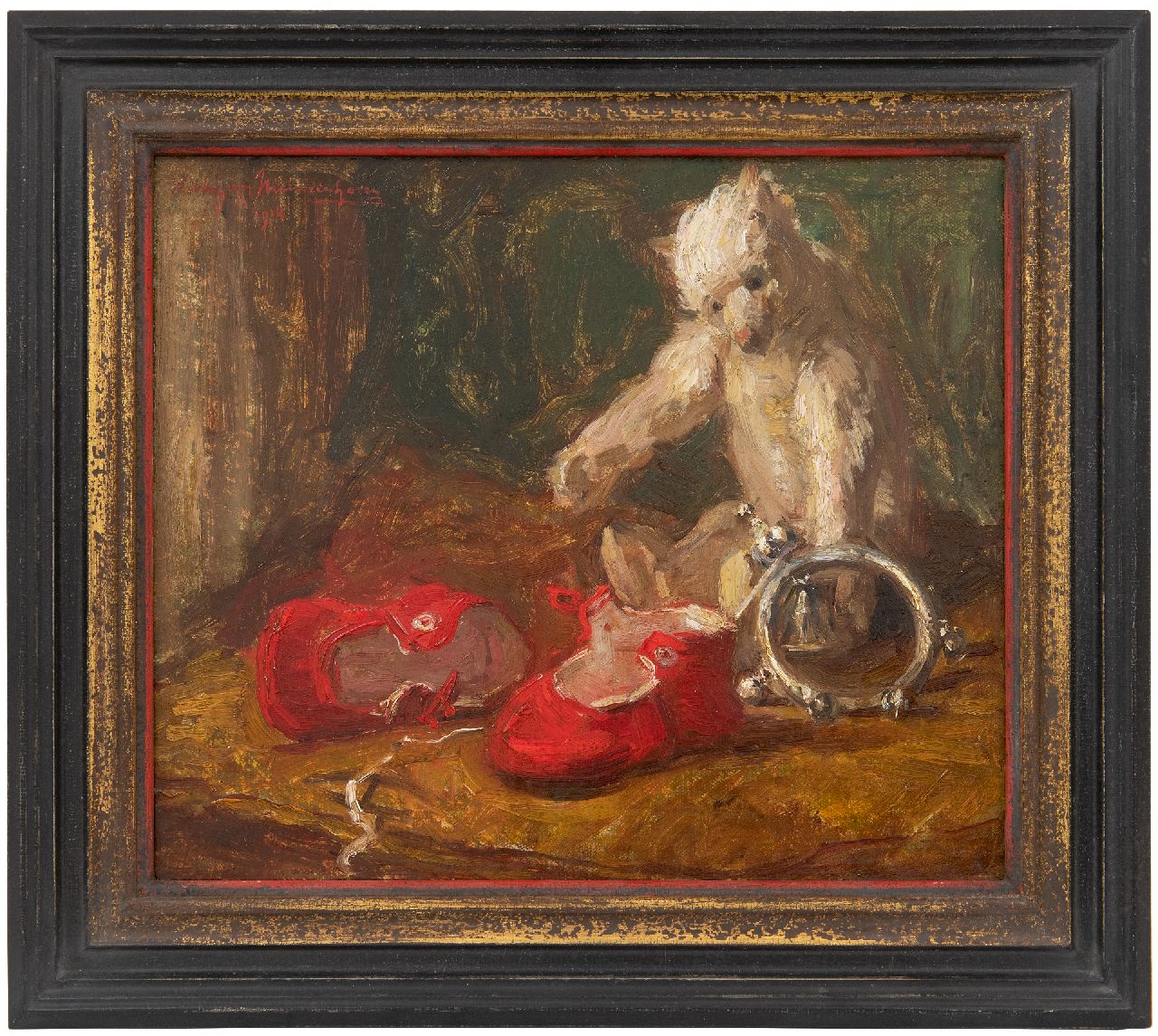 Nieuwenhoven W. van | Willem van Nieuwenhoven | Schilderijen te koop aangeboden | Stilleven met beer, rammelaar en rode schoentjes, olieverf op doek 30,0 x 35,9 cm, gesigneerd linksboven en gedateerd 1914