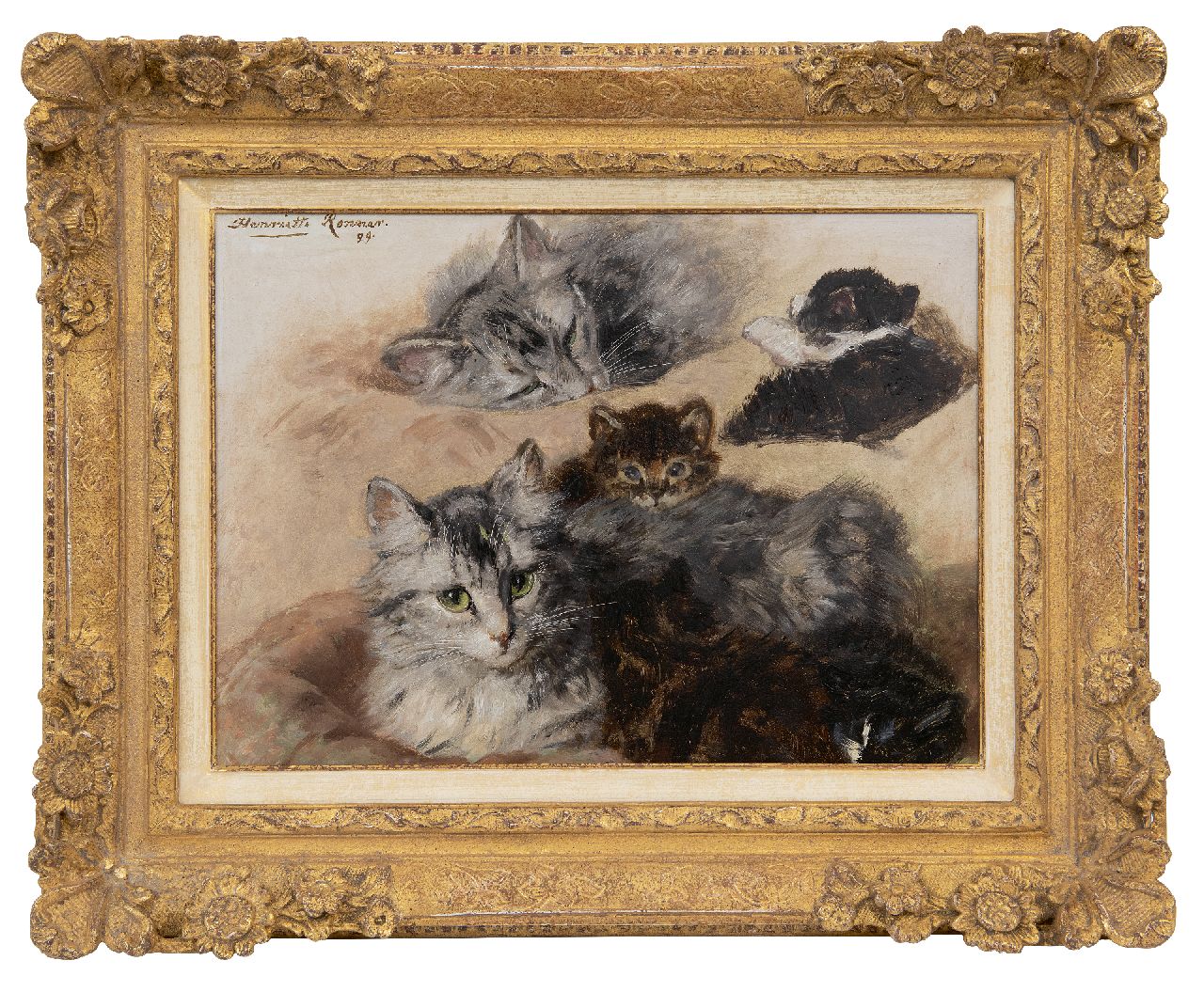 Ronner-Knip H.  | Henriette Ronner-Knip | Schilderijen te koop aangeboden | Studie van poes en kittens, olieverf op paneel 27,7 x 37,4 cm, gesigneerd linksboven en gedateerd '99